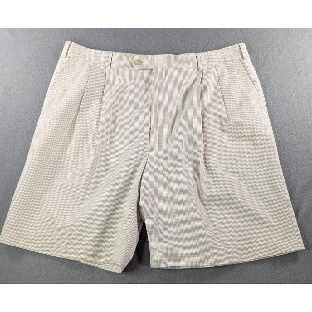 Berle Mens Fairclough‎ & Co Pleated Seersucker Gingham Shorts Size 42 Tan White